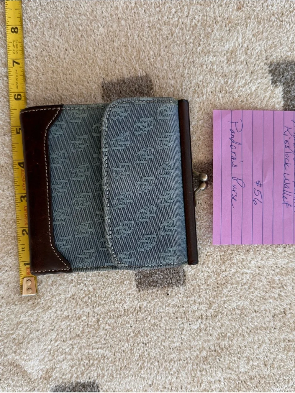 Dooney & Bourke Blue Denim Monogram Kiss-Lock Wallet with Brown Trim